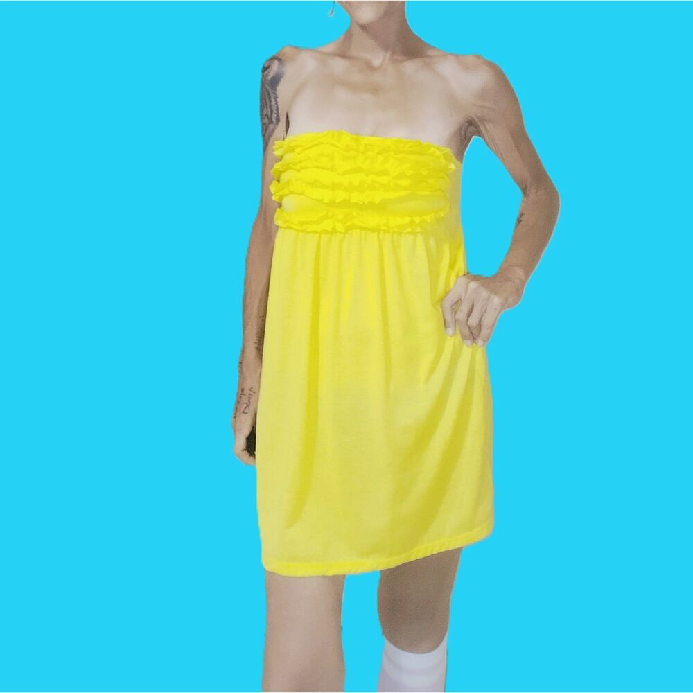 OP Bright Yellow Strapless Ruffle Tube Top Mini Dress Medium Flowy